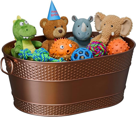 Metal Dog Toy Bin, Copper, Oval | Large 25-Quart Capacity, Sturdy Toy Box with Handles, for Living Room by blupup