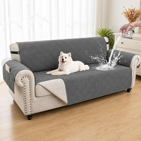 100% Waterproof Couch Cover for Dogs, Washable Anti-Slip Sofa Cover with Elastic Straps & Side Pockets, Quilted Furniture Protector for Kids & Pets (3 Cushion 68", Dark Grey) by Unknown
