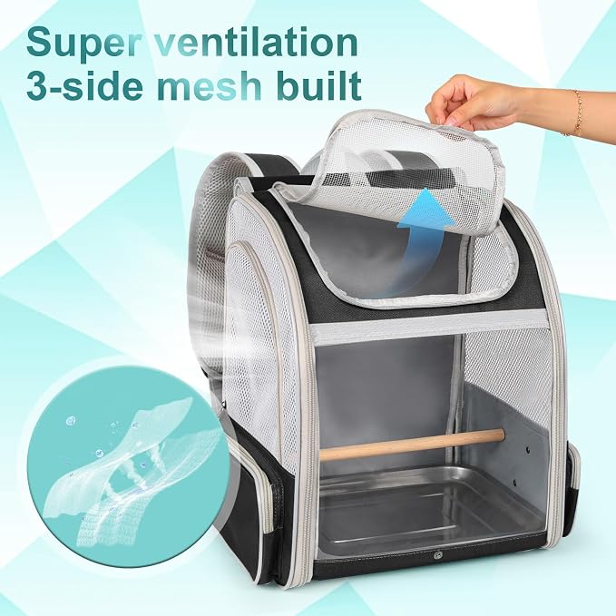 Bird Carrier Backpack for Small to Meidum Bird, Portable Travel Carrier Cage with Standing Perch and Metal Tray (Black, Backpack Carrier) - Image 4