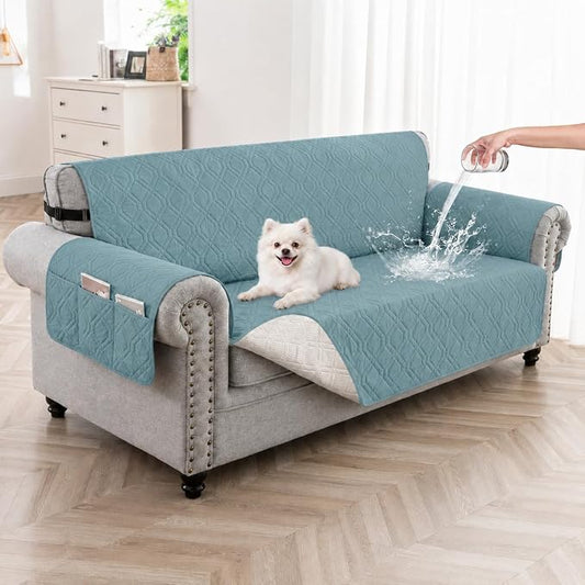 100% Waterproof Quilted Couch Cover,Straps&Pockets,46" Grayishblue | Washable sofa cover, pet-friendly, scratch-resistant furniture protector, quilted sofa cover, reversible, non-slip backing. by Unknown