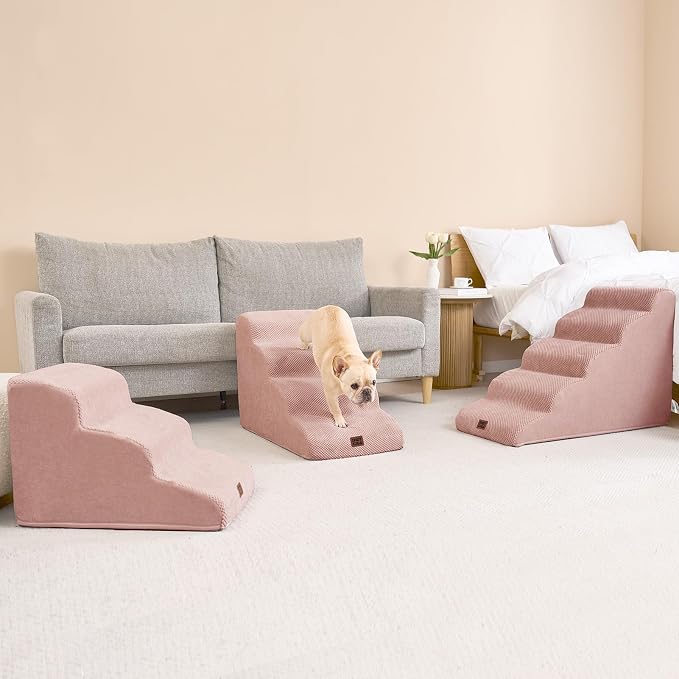 EHEYCIGA Curved Dog Stairs Ramp for Small Dogs 15.7" H, 3-Step Dog Steps for Couch Sofa and Chair, Pet Stairs for Cats, Non-Slip Balanced Pet Steps Indoor, Dusty Pink - Image 8