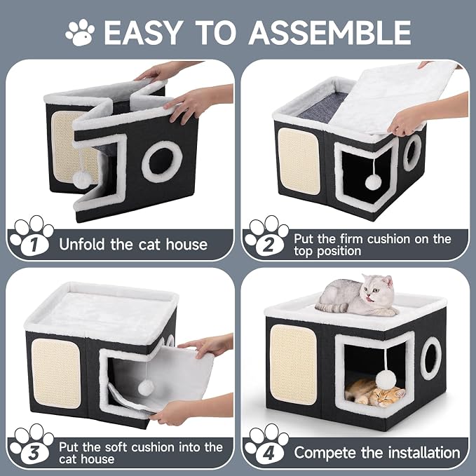 Shikha Cat House Bed for Indoor Cats with Fluffy Ball and Scratch Pad Black | Foldable Large Cat Cave Hideaway with Cozy Condo, Hide and Seek Window, Holds Up to 30LBS, All Season Reversible Cushion - Image 8