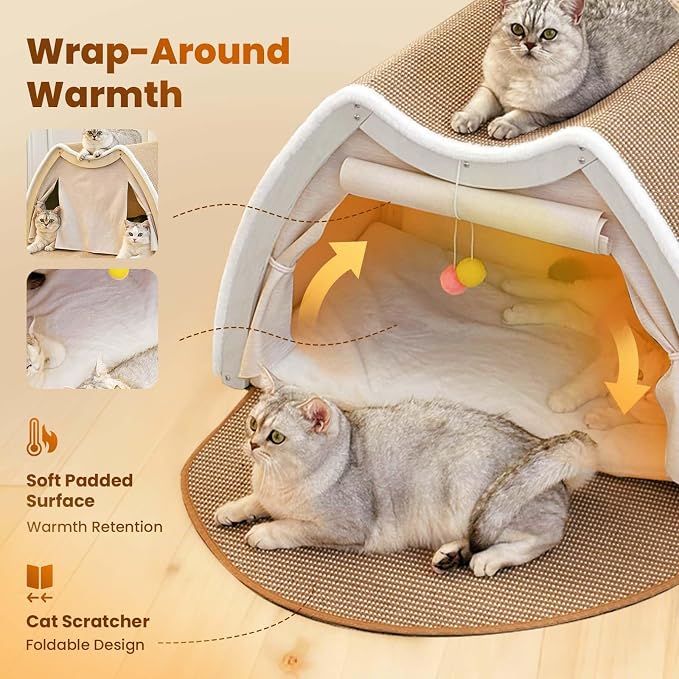 Cat Houses for Indoor Cats - Large Cat Bed Cave with Natural Sisal Cat Scratcher Mat, Solid Wood Frame Cat House with Curtains and Cat Floor Scratching Pad Rug, Protect Couch and Carpets, L - Image 4
