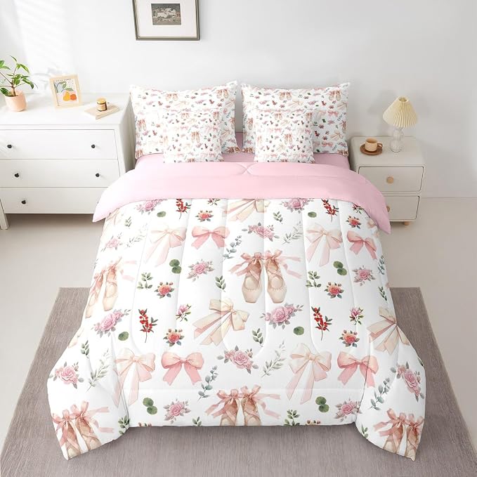 Feelyou Pink Flower 7 Piece Bedding Set Exquisite Dance Shoes Comforter Set with Sheets for Kids Boys Girls Gentle Bow Bed in a Bag Princess Style Bed Set Soft Lightweight - Image 2