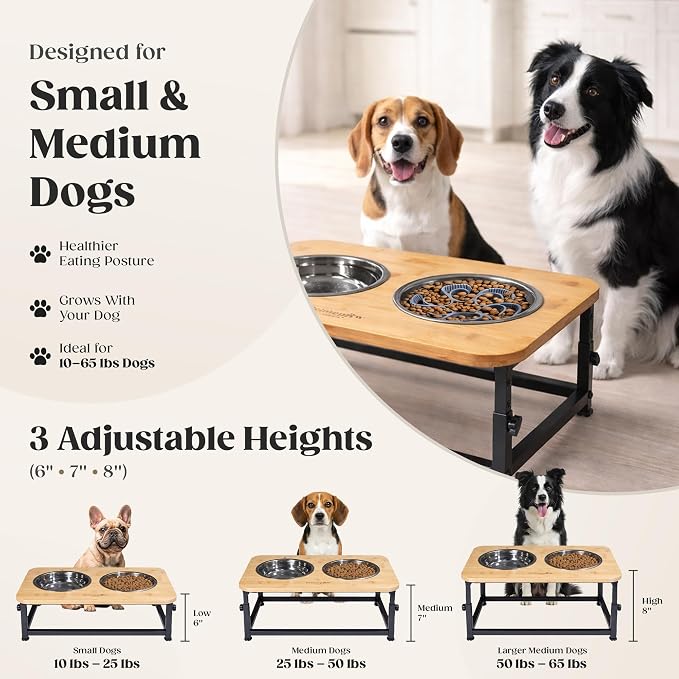 Adjustable Raised Dog Bowls – Elevated Dog Bowl Stand with Bamboo Stand, 2 Stainless Steel Bowls, Slow Feeder Insert & Silicone Mat – Dog Bowls with Stand for Small & Medium Dogs - Image 6