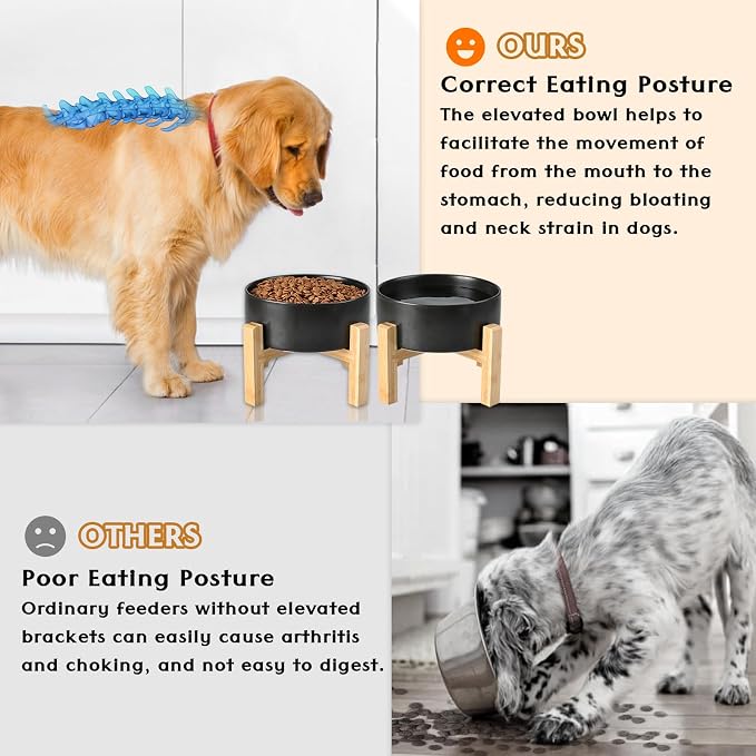 SPUNKYJUNKY Ceramic Elevated Dog Bowls 2 Pack - 8.3inch Raised Dog Bowls with Non-Slip Wooden Stand for Large Dogs Dishwasher Safe(Black,60OZ*2) - Image 3
