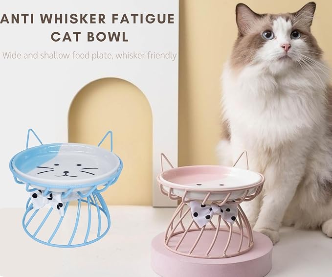 Set of 2 Elevated Ceramic Cat Dishes, Pink & Blue | Pink & Blue Set Detachable Bowls Elevated Design Whisker Friendly Non-Slip Pads - Image 7
