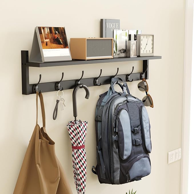 BAMEOS Wall Hooks with Shelf 35 Inch Length Entryway Hanging Shelf Wood Coat Hooks Wall-Mounted Coat Hook Rack with 7 Dual Hooks for Bathroom, Living Room, Bedroom (Black) - Image 6