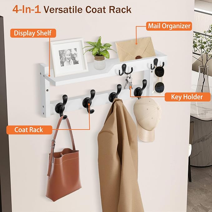 dreampossible Coat Rack Wall Mount with Shelf, Coat Hanger Wall Mount with Key Hooks and Mail Holder, Wood Entryway Floating Shelf with Hooks and Storage, Hat Rack for Wall Key Holder Mail Organizer - Image 4