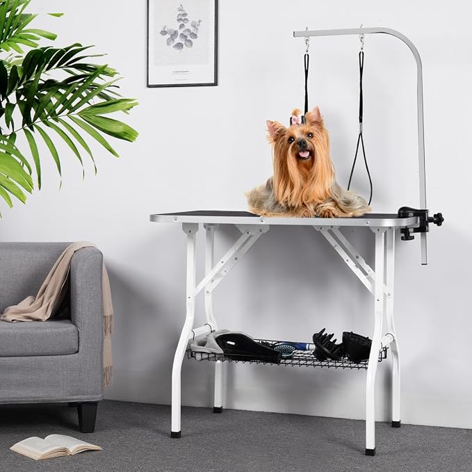 Yaheetech 36'' Dog Grooming Table, Pet Foldable Grooming Table w/Double Loops/Mesh Tray/Adjustable Arm, Black - Image 2