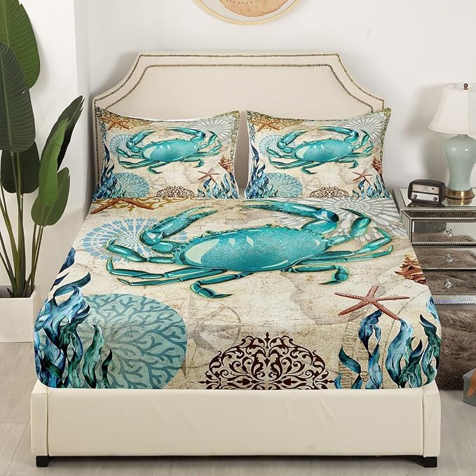 Beach Theme Bedding Set Kids Beach Crabs Print King 4 Piece Sheet Set 3D Crab Luxury Microfiber Bed Sheets Set (1 Fitted Sheet, 1 Flat Sheet, 2 Pillowcases)Soft Cute Marine Life Decorative Bedding - Image 3