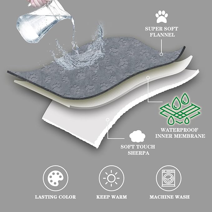 Qeils Pet Blankets for Cats - Waterproof Cat Blanket Washable - Sherpa Fleece Puppy Blanket, Soft Plush Reversible Throw Protector for Bed Couch Car Sofa, 25"X30", Grey - Image 3