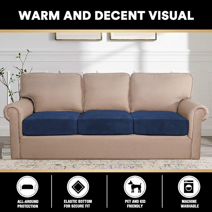 PrinceDeco Couch Cushion Covers, Stretch Washable Sofa Cushion Cover, Fitted Sofa Slipcover Velvet Fabric Non-Slip Furniture Protector for Dog,Pets, Kid (Each Width Up to 29.5", Navy) - Image 3