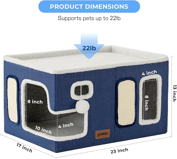 ZOMISIA Extra-Wide Cat House for Indoor Cats - Large Cat House for Pet with Fluffy Ball Hanging and Scratch Pad, Foldable Cat Hideaway for Multi Cats, 23x16.5x13 inches, Navy - Image 5