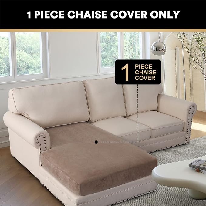 PrinceDeco Sectional Couch Covers Velvet Couch Cover for Dogs Washable L Shaped Couch Cover 1 Piece Individual Sectional Couch Covers with Elastic Bottom(Chaise Lounge,Taupe) - Image 3