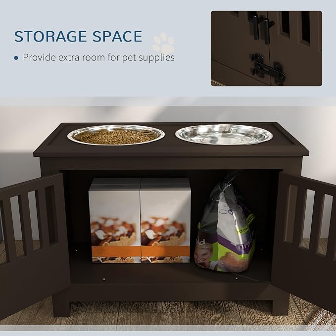 PawHut Large Elevated Dog Bowls with Storage Cabinet - 37L Capacity, Raised Dog Bowl Stand Feeding Station, Espresso | Raised Dog Bowl Stand Pet Food Bowl Dog Feeding Station - Image 4