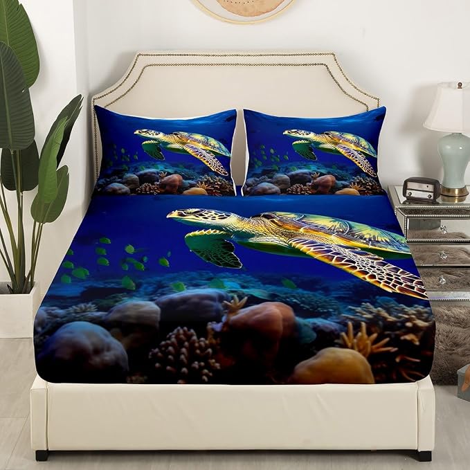 Erosebridal 3D Sea Turtle Bedding Set Blue Full for Boys Kids Girl Ocean Beach Themed 4 Piece Sheet Set Children Teens Retro Tortoise Fitted Sheet Hawaiin Turtle Fish Print Flat Sheet for All Seasons - Image 4