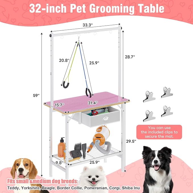 32-Inch Adjustable Dog Grooming Table with Drawer & Mesh Tray, Pet Grooming Table with Non-Slip Removable Washable Mat & EVA Protective Lanyard, Professional Grooming Table for Small Dog at Home（Pink - Image 9