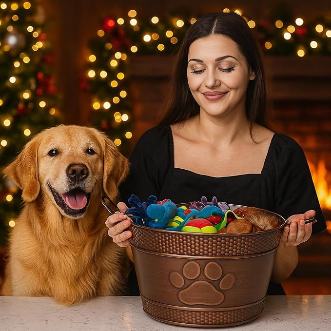 BREKX Metal Indestructible Dog Toy Bin - Chew-Proof Storage Bin | Copper Finish Farmhouse Organizer Storage Basket for Pet Toys, Blankets, Leashes with a Embossed Paw-Print - Image 2