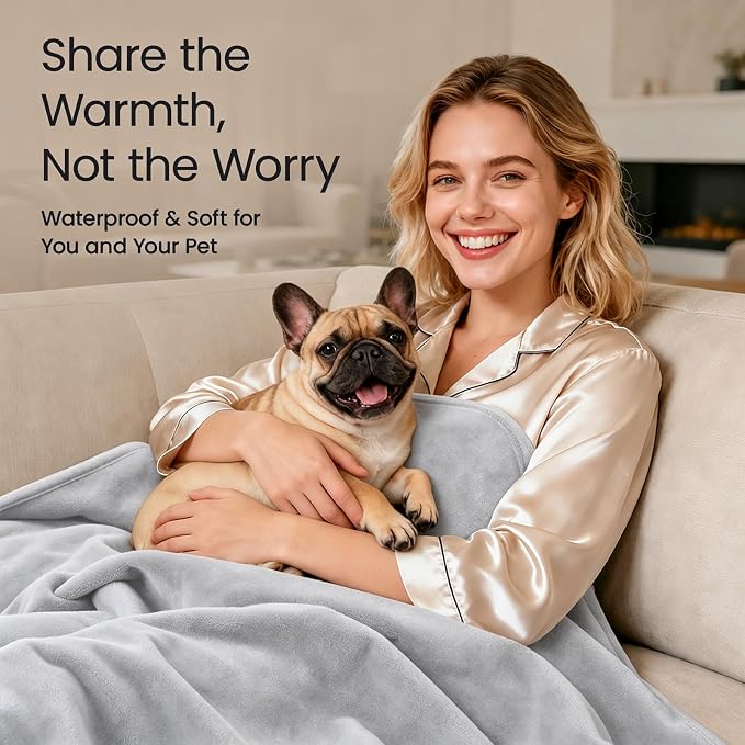 LOOBANI Waterproof Blanket for Twin Size Bed, Reversible Leakproof, 60"x80" | Waterproof Dog Blanket for Pet Accidents, Soft Flannel & Coral Fleece, Stain-Resistant Furniture Protector, Light Grey - Image 5