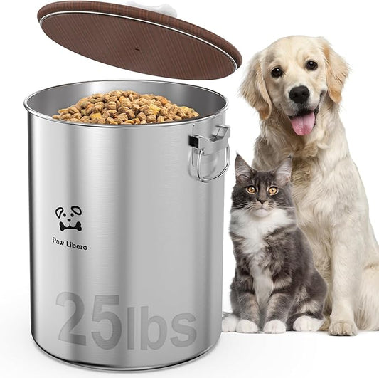 Paw Libero 25 Lbs Stainless Steel Dog Food Storage Container with Airtight Wooden Lid & Ceramic Bone Handle, Large Metal Dog Food Bin for Dogs & Cats, Keep Fresh, Easy to Clean by PawLibero