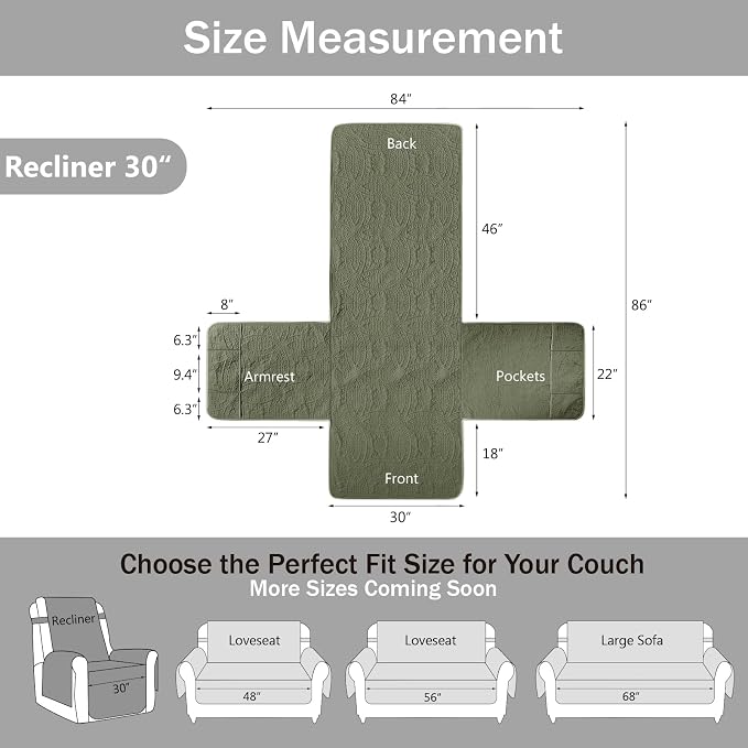 Large Green Recliner Chair Covers, Quilted Décor Water-Repellent Lazy Boy Chair Covers, Pet Friendly Large Recliner Cover for Dogs Cats, Washable TV Chair Cover (Recliner 30", Olive Green) - Image 7