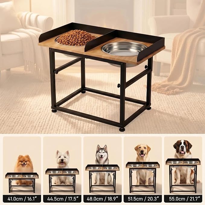 Wooden Elevated Dog Bowls, 5 Heights Adjustable 16.1-21.7" for Large Senior Dogs, Splash-Proof Guard Sturdy Iron Base,2×4L 304 Stainless Steel Bowls, Reduces Joint Pain, Non-Slip Feet - Image 5