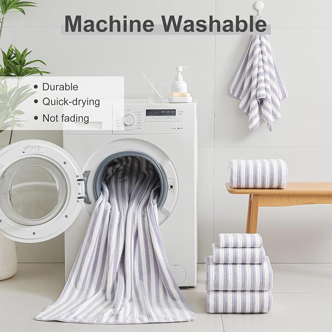 Smuge 18 Pcs Bath Towel Set, Include 6 Bath Towel Sheets, 6 Hand Towels and 6 Washcloths - Highly Absorbent Quick Dry Microfiber,Ultra Soft Bathroom Towel Set with Hanging Loop - Light Purple - Image 6