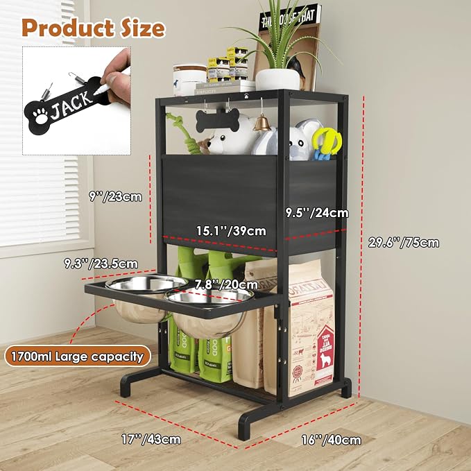 Elevated Dog Bowls: Height Adjustable Raised Dog Stand (4.5'' to 12'') 2 * 1700ml Stainless Steel Bowls + Slow Feeder, Feeding Station w/Storage Organizer & Toy Basket for Medium/Large Breeds - Image 4
