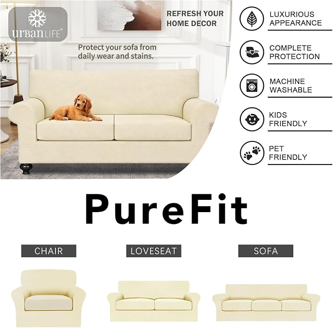 URBANLIFE 3-Piece Stretch Sofa Covers for 2 Cushion Couch, Cream | Super fitted spandex slipcovers for couches. Non-slip elastic bottom. Machine washable furniture protector for kids & pets. - Image 6