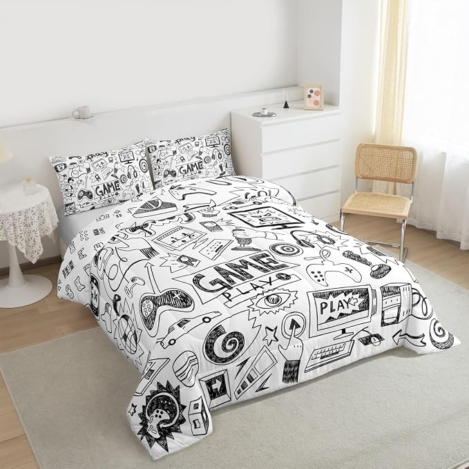 Erosebridal Gaming Comforter Set King, Kids Gamepad Cartoon Bedding Set Video Games Gamers Duvet Set Hip Hop Graffiti Quilt Set Racing Car Comforter Set, Black White Printed Bedroom Decor - Image 3