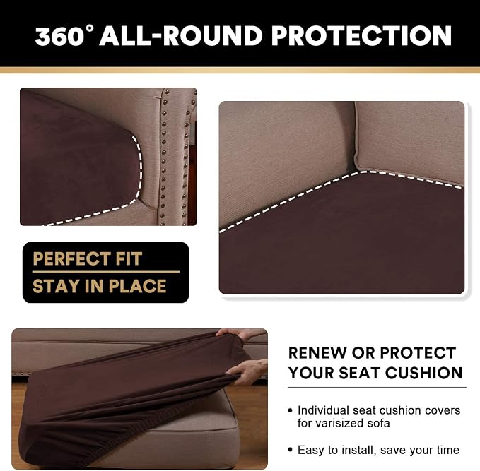 PrinceDeco Velvet Couch Cushion Cover Soft Stretch Cushion Slipcover for Chair Loveseat Sofa Cushion Furniture Protector Seat Cushion Sofa Cover Each Width Up to 40", Brown - Image 7