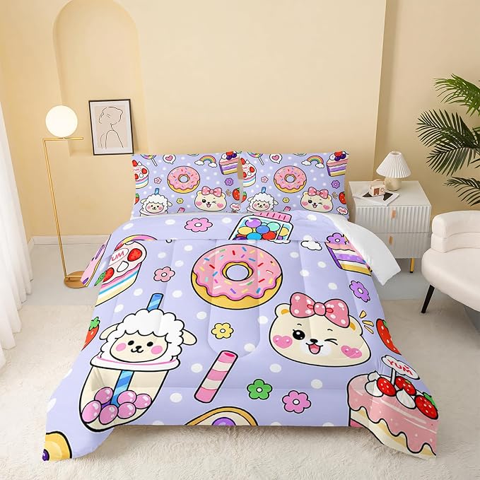 QOOMO Kawaii Bear Comforter Set for Kids Teens Girls Women,Cute Bear Kids Bedding Set,1 Comforter with 2 Pillowcase, Microfiber 3 Piece Bedding Set,for All SeasonsPurple，Full Size by QOOMOHOME