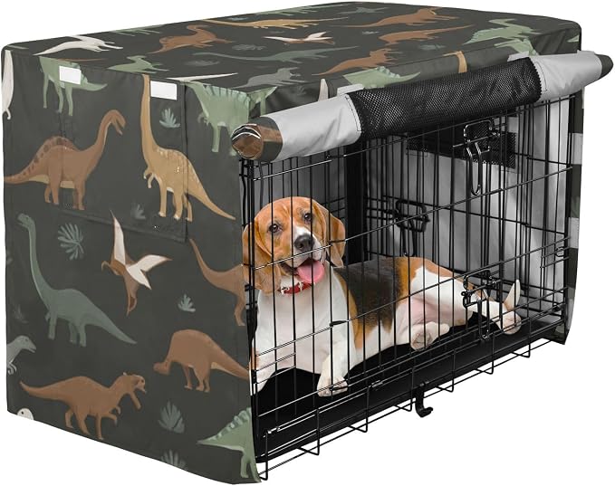 Dog Crate Cover Kennel Cover for Dog Cages Breathable for Wire Cage Indoor Outdoor Green and Brown Dinosaurs - Image 2