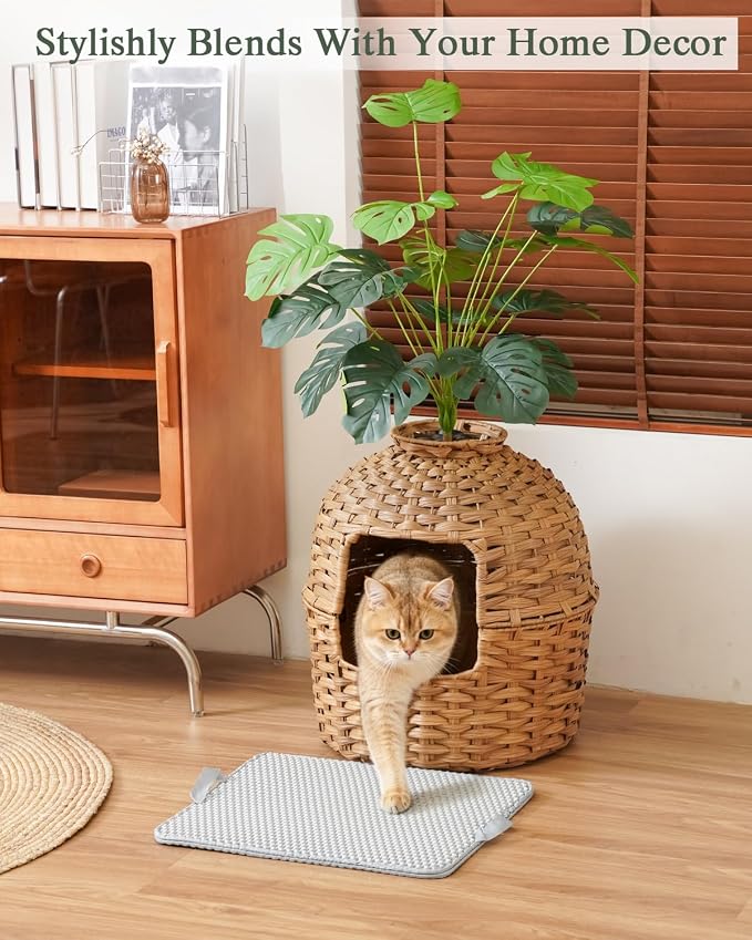 SETVSON Cat Litter Box Enclosure Plant, PE Rattan Kitty House, Natural | Decorative Planter Design, Waterproof Inner PVC Liner, Includes Artificial Plants, Real Stones, Litter Mat, 20x20 Inches - Image 6