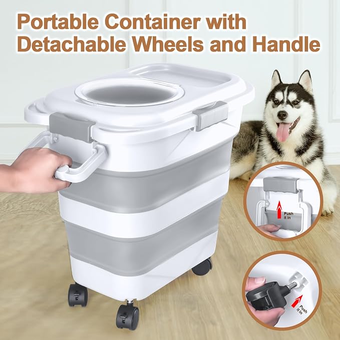 Dog Food Storage Container, 10-20 lbs Airtight Collapsible Cat Food Storage Container with Attachable Wheels, Portable Handle, Dog Food Scoop for Dog Cat Bird Pet Dry Food Storage Bin Light Grey - Image 3