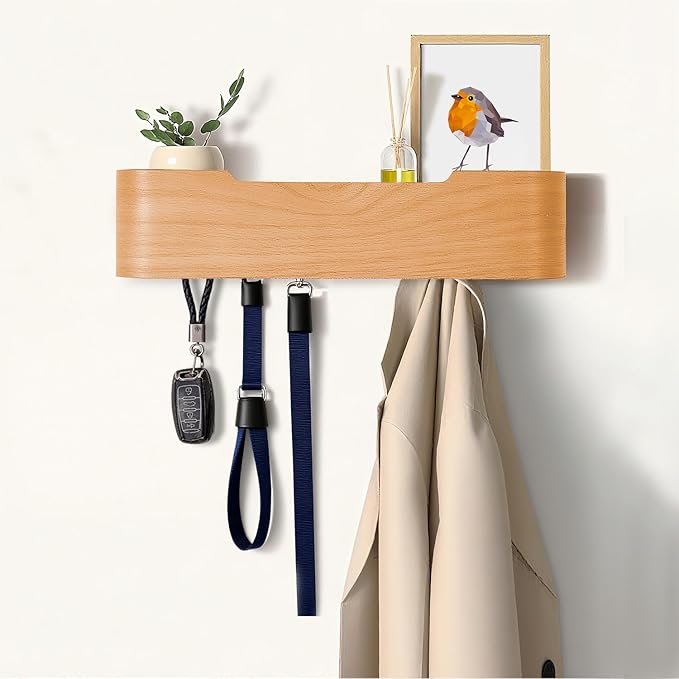 Coat Rack Wall Mount with Hidden Hooks, Wall Hooks with Shelf, Wall Key Holder Mount Wooden Shelf Entryway Hooks for Bedroom Bathroom for Hanging Coats Hats Bags Towels (Oak, 4 Hooks) by Nevsokio
