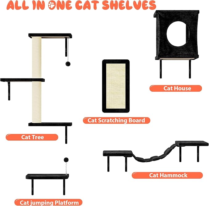 NUNU LAB Cat Wall Shelves Set, 5 Pcs Wall-Mounted Cat Climber with Cat House, Bridge, Scratching Post, Hammock, Wall Shelves, Black - Image 4