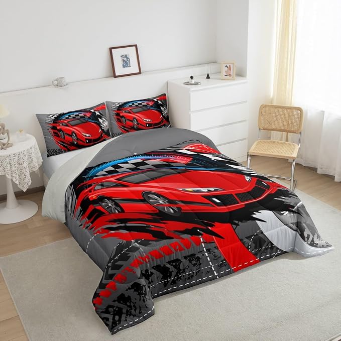 Race Car Comforter Set King Size,Red Sports Car Extreme Sport Bedding Comforter 3pcs for Boys Men Kids Bedroom Decor Sports Racing Games Down Comforter Checked Flag Quilted Duvet,2 Pillowcases,Grey - Image 6