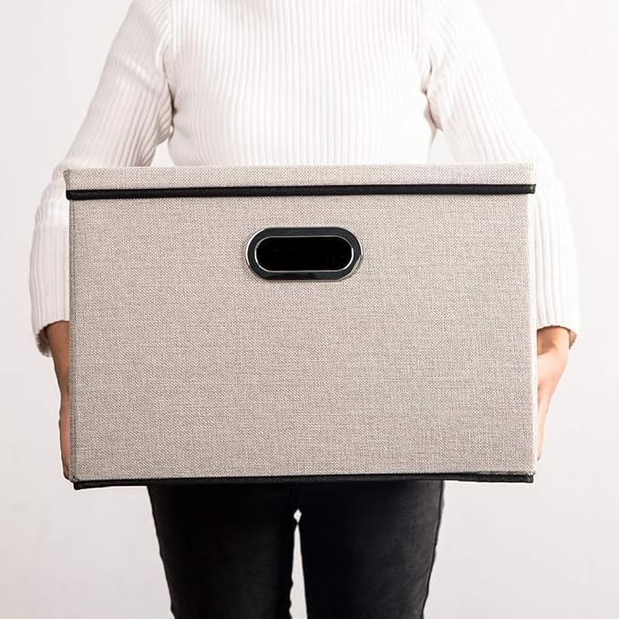 PRANDOM Large Foldable Storage Bin with Lid [1-Pack] Linen Fabric Decorative Storage Box Organizer Container Basket Cube with Handles Divider for Closet Office Living Room Light Grey(17.7x11.8x11.8) - Image 7