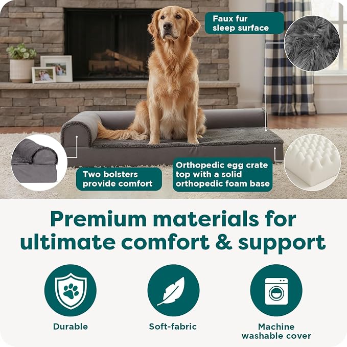FurHaven Orthopedic Dog Bed for Large Dogs, L-Shaped Chaise Mattress with Orthopedic Egg Crate & Solid Orthopedic Foam Base for Joint Support, Washable Cover, Jumbo XL, Plush & Velvet, Platinum Gray - Image 5