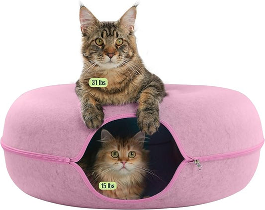 Cattasaurus Peekaboo Cat Cave Donut for Multiple & Large Cats up to 30-45 lbs, 3-in-1 Self Warming Cat Bed, Tunnel & Scratcher for Indoor Cats, Washable & Detachable Small Dog Bed (Pink, Jumbo) by Cattasaurus