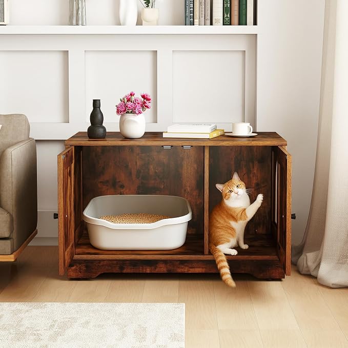 Tangkula Cat Litter Box Enclosure, Wooden Kitty Washroom Cabinet w/Winding Entry & Cat Hole, with Divider, Hidden Double Enclosed Litter Box Furniture for Living Room, Bedroom, Entryway (Rustic Brown) - Image 9