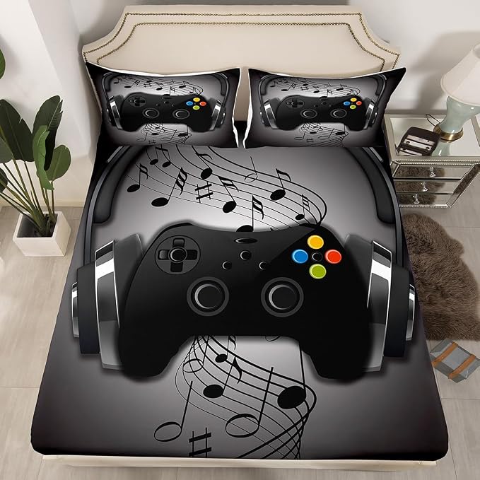 Gamer Sheet Set Black Grey Headphones Musical Notes Design Gaming Bed Sheet Sets for Kids Boys Video Game Room Decor Retro Playing Gamepad Fitted Sheet,Gaming Controller Flat Sheet - 3 Piece Twin Size - Image 5