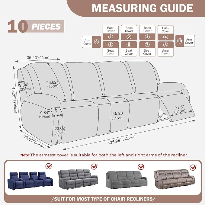 vctops Diamond Recliner Sofa Covers 10-Pieces Stretch Large RV Couch Covers for 4 Seats Reclining Slipcovers Soft Solid Furniture Protector (Camel,4 Seat) - Image 2