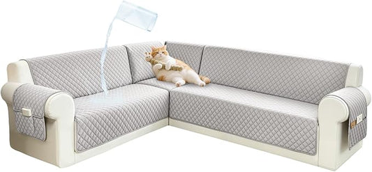 Sectional Couch Covers for Dogs 100% Waterproof Corner L Shaped Sofa Cover Pet Friendly Velvet Washable Anti Slip L Shape Modular Sofa Slipcover Protector with Pockets (Pale Gray, XL Plus) by SYJOVIA