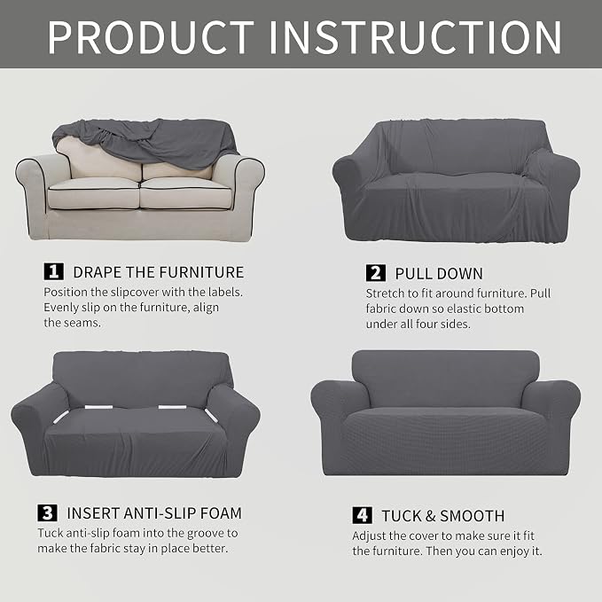 Easy-Going Stretch Oversized Loveseat Couch Covers Washable Grey | 1-Piece Large Loveseat Cover for 2 Cushion Couch Furniture Protector RV Sofa Slipcover Soft with Bottom for Kids Pets - Image 6