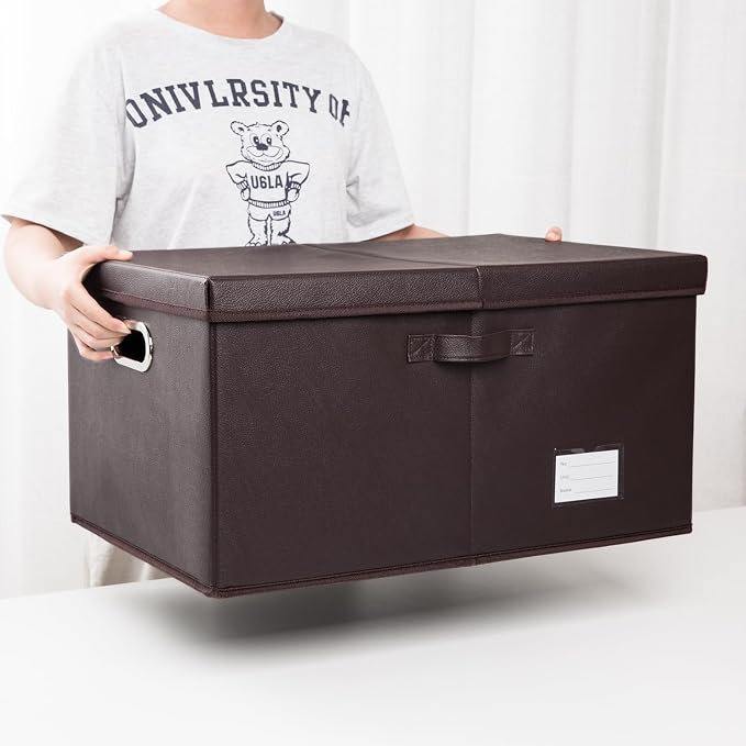 PRANDOM Collapsible Storage Box with Lid [1-Pack] Leather Fabric Foldable Storage Bin Organizer Container Basket Cube with Cover for Home Bedroom Closet Office Nursery Brown (22.8X15.7X11.8) - Image 6