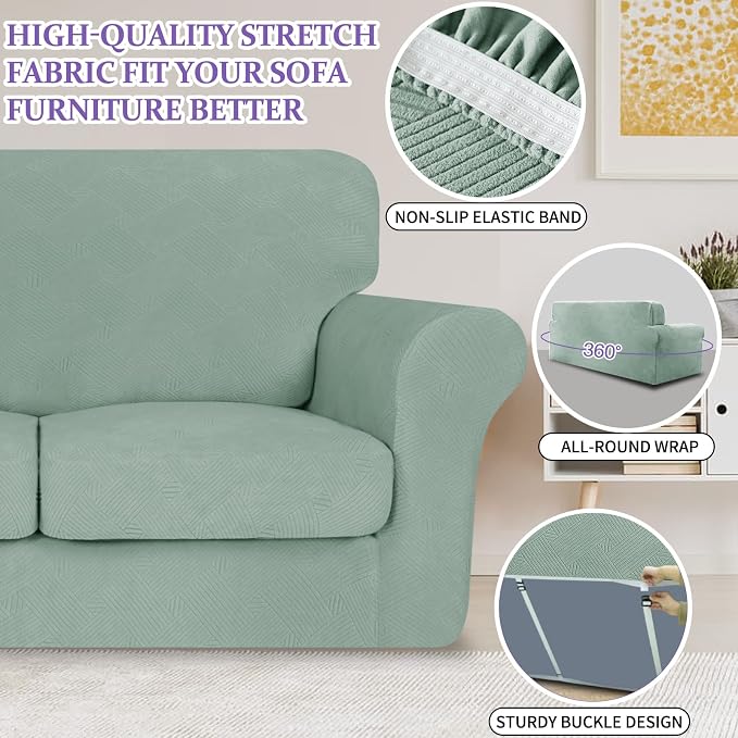 ZNSAYOTX 4 Piece Stretch Sofa Covers (71"-91"), Thick Striped Couch Covers for 3 Cushion Sofa with Elastic Band Bottom Ties Non-Slip Stay in Place, Soft Durable Washable Couch Slipcovers, Pea Green - Image 3
