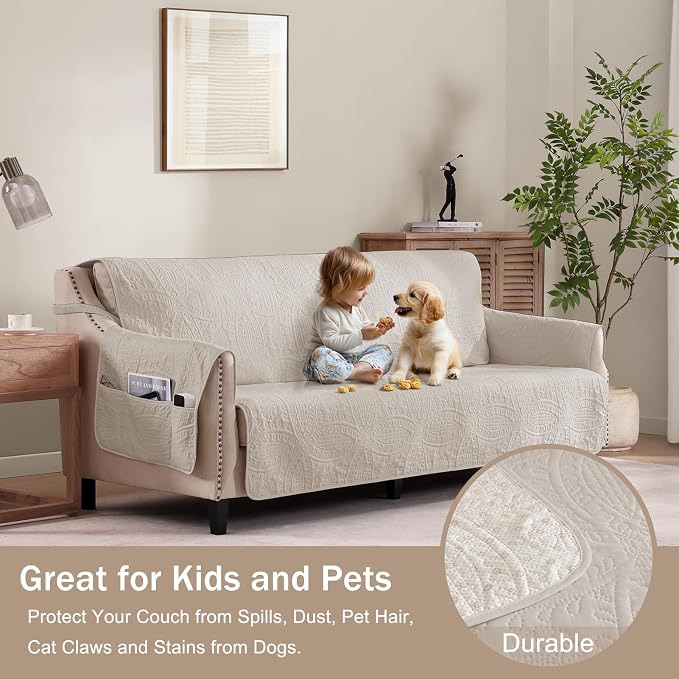 Quilted Beige Sofa Slipcovers with Pockets, Anti-Slip Medallion Couch Covers for Sofa, Couch Cover for Dogs Cats Water-Repellent Machine Washable Sofa Cover (Large Sofa 68", Beige Cream) - Image 8
